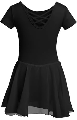 DGSHIRLDJO Ragazza Vestito da Balletto Danza Tutu Corpo Ginnastica Cotone Manica Corta con Chiffon Gonna（120,nero