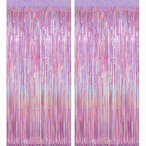 Lericttor 2Pcs 3.3ft x 8.2ft Foil Curtain Decoration, Pink Glitter Metallic Tinsel Foil Fringe Curtains Backdrop Streamers for Unicorn, Mermaid, Wedding, Engagement, Birthday Party Decorations