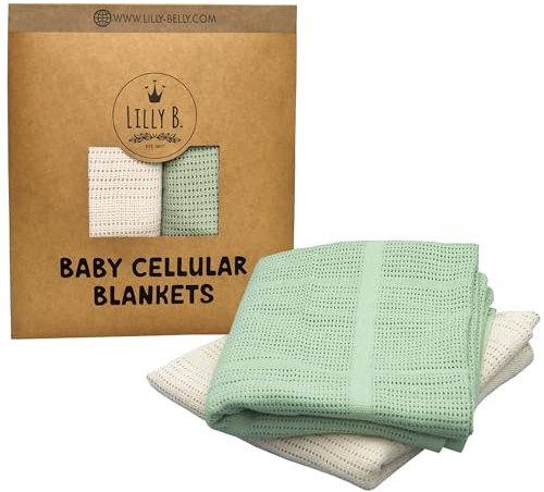 Lilly Belly- Cellular Blankets Baby | 100% Pure Organic Cotton Baby Blanket - 70 x 90 cm | Warm & Cosy Baby Blankets | Baby Blanket for Newborn | Perfect for Pram/Travel/Moses Baskets (Green/Ivory)