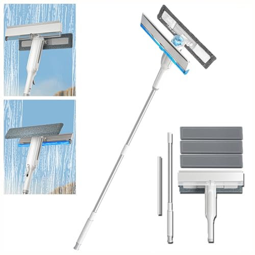 RYJYQYX 4 in 1 Spruzzo Lava Vetri Finestre con Raccoglitore Acque Nere E 3 Panni, Lavavetri Professionale con Asta di Prolunga Lavavetri Professionale per Finestre Alte Interne/Esterne