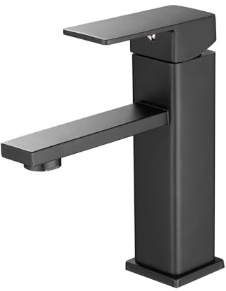 Vuadzren Rubinetto Bagno Lavabo Miscelatore da lavabo a foro singolo, forma quadrata, nero, a leva singola con cartuccia ceramica, in acciaio inox (1, Nero)