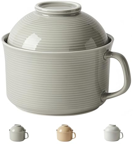 Dowbom Tazón de sopa con tapa, cuenco de porcelana para ramen de 1000 ml, fideos instantáneos, apto para microondas, taza de sopa grande (gris)