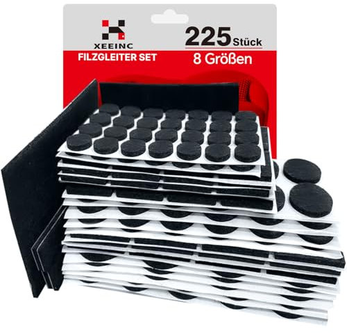 XEEINC Feltro autoadesivo, 225 pezzi, feltrini per sedie, con forza adesiva ideale, spessore 3 mm, 8 misure, feltrini per mobili, mobili, colore nero