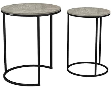 URBNLIVING Juego de 2 mesitas auxiliares redondas apilables para sofá, mesa auxiliar de madera de hormigón con patas de metal negro, moderno, ahorro de espacio, café, té, para sala de estar,