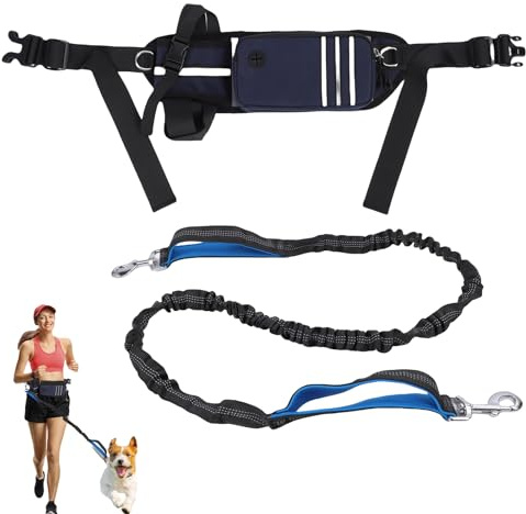 Hands Free Hundeleine, Verstellbarer Hund Walking Gürtel, Reflektierende Laufleine mit Hüftgurt und Multi Tasche, Hund Laufgürtel mit zwei Griffen und Bungee für Laufen, Walking, Wandern (Blau)