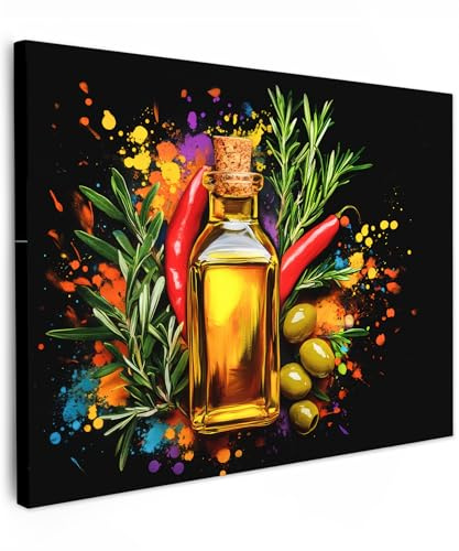 MuchoWow© Quadro Moderno Soggiorno 40x30 cm Decorazioni Da Parete Quadri Su Tela Da Salotto Grandi Foto Con Cornice Stampe Su Tela Camera Da Letto Olio d'oliva - Peperoncino - Olive