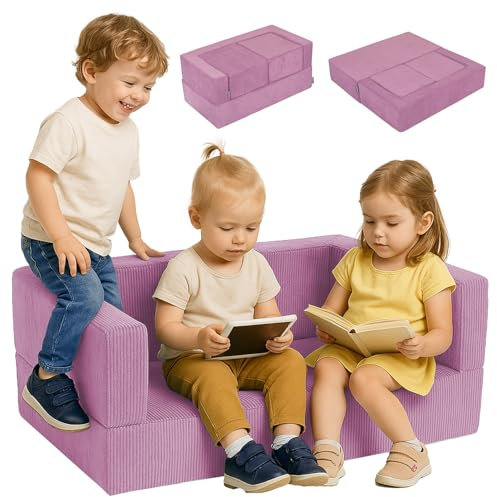 KiddyMoon Kindersofa Mit Zwei Weichen Puffen Für Kinder Bequemes Und Leichtes Schaumstoff-Sofa Gerippter Stoff Abnehmbarer Bezug Perfekt Für Entspannung Und Kreativität, Rosa