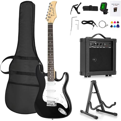 Display4top Full-Size Electric Guitar Most complete Beginner Super Kit Package with Amplifier, Guitar Stand, Bag, Guitar Pick, Strap,spare Strings, Tuner, Case and Cable (BlackWhite)