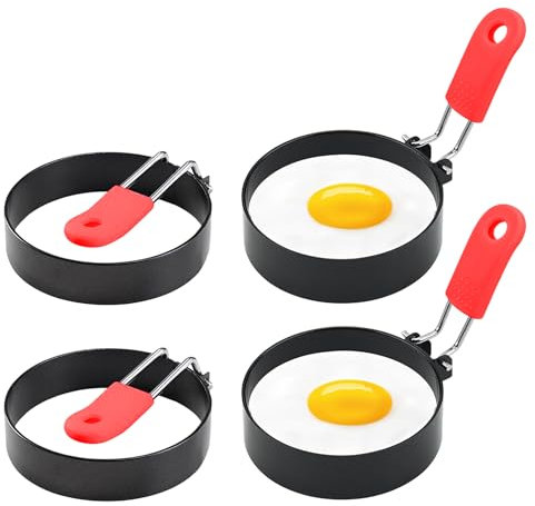 Egg Ring 4-Pack Stainless Steel Egg Rings with Anti-Scald Folding Handle Non Stick Coating Suitable for Egg Frying,Shaping,Pancakes,Mini Burger