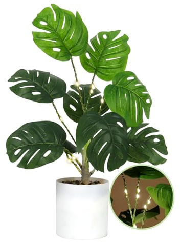 RECUTMS Plante artificielle Monstera Deliciosa dans un pot blanc de 45,7 cm, fausses plantes tropicales avec arbre de verdure synthétique léger pour la maison, le bureau, la table, le balcon, le