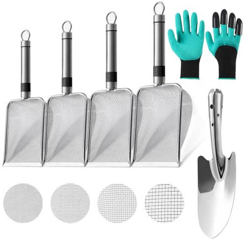 Frstem 4 Stück Gartensieb aus Edelstahl,Schaufel und Gartenhandschuhe mit Krallen,Erdsieb für Garten Gartenhandschuhe Dornenfest und Siebschaufel (2/2.8/3.8/5mm Masche)