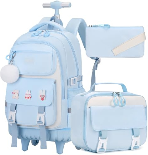DIGOBAY Joli sac à dos à roulettes avec boîte à déjeuner pour écolières, bleu, Medium, Sacs à dos traditionnels