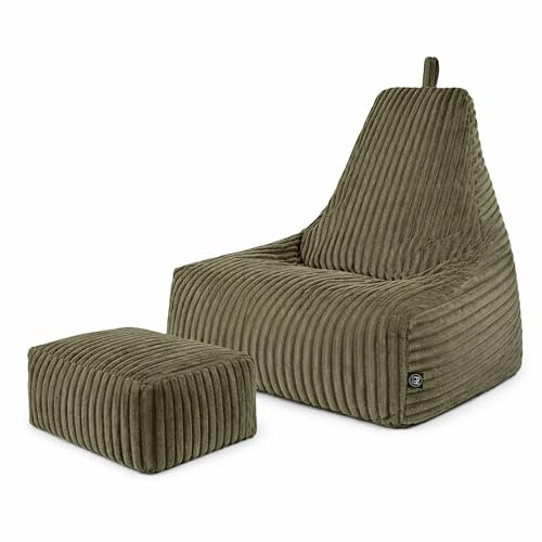 PatchHome Deluxe Cord sittsäck lounge fåtölj – gaming saccosäck set med fotpall – bekväm manchesterfåtölj med fyllning – vardagsrum och sovrumsmöbler (olivgrön, XXL – sittsäck pallset)