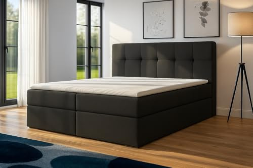 A&J MöbelLand Boxspringbett 140x200 mit Bettkasten und Lattenrost – REF, Bett mit Matratze H4 und Stauraum in Dunkelgrau
