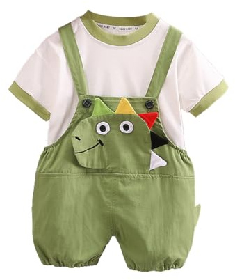 HEOXIN Completo Bambino Neonato, Maglietta a Maniche Corte Per Bambini + Pantaloncini con Bretelle Dinosauro 3d, Vestiti Neonato Maschio Estivi Autunno, Verde, 5-12 Mesi