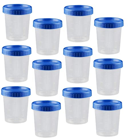 HEALSOPTHY 25pcs Plastic Measuring Cups with Blue Lids Laboratory for and Sample Storage Graduated Scale for Medical and Scientific Use