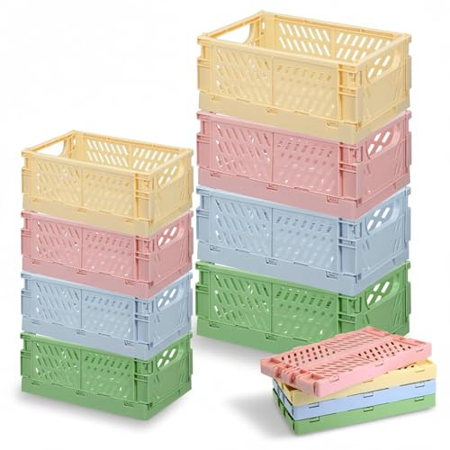Wonninek 8Pcs Collapsible Storage Crates, 2 Sizes Foldable Storage Baskets with Handle, Cute Stackable Plastic Crate for Office Kitchen Bathroom (25x16x10cm, 15x10x6cm)