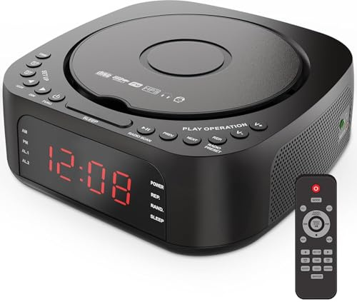 Yanmis CD-Player-Wecker mit Fernbedienung, Verstellbarem LED-Display, USB-Ladegerät und Dimmbarem Display für Schlafzimmer, Doppelalarm mit Optionalem Ton für den Schreibtisch Im (EU-Stecker)
