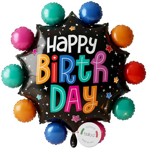 balloa Geburtstagsballon Bunte Punkte, XXL Folienballon, 71 cm | Schwarzes Design mit bunten Punkten, rund, XXL, heliumgeeignet, ungefüllt, farbenfrohe Geburtstagsdeko für jede Feier
