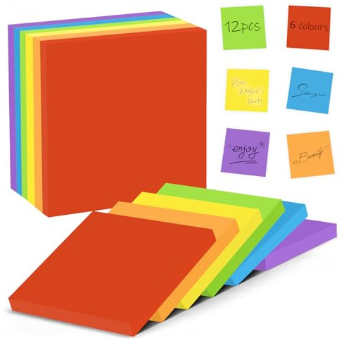 1200 Sheets Farbige Haftnotizen, 12 Blöcke 76 × 76 mm Haftnotizen Klebezettel, 6 Farben Einfach zu Posten Sticky Notes für das Tagesplanungs-Notizbuch (12, 76 * 76 mm Quadratisch Regenbogenfarben)