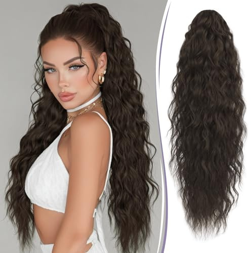 RUWISS Hästsvans med klämma, 76 cm, lång, vågig lockig hästsvans, hårdel, syntetiskt, vågigt claw clip i ponytail extension för kvinnor, mörkbrun
