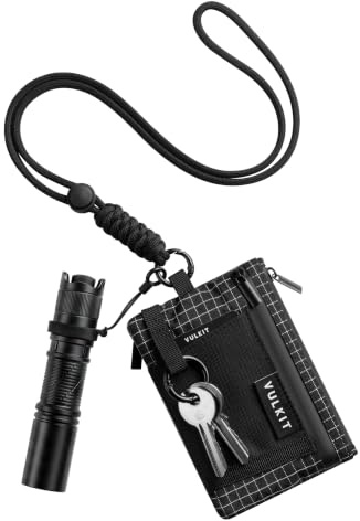 VULKIT Portafoglio Uomo Piccolo con Cordino RFID Porta Carte di Credito Uomo con Portamonete con Cerniera Porta Tessere Tascabile con Portachiavi, Nero