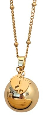 Bola grossesse petit pieds plaqué or jaune avec pendentif acier inoxydable doré - Collier bola grossesse chaine 110 cm maille satellite en acier inoxydable - Cadeau de grossesse pour femme enceinte
