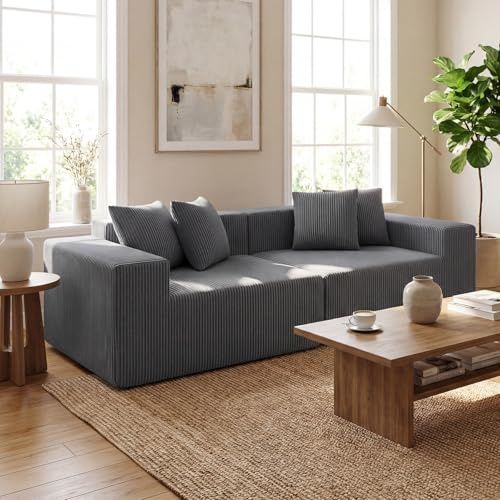 COSTWAY 2 sitzer Sofa, Boneless Couch mit tiefem Sitz & Rückenlehne, Armlehnen & 4 Kissen, Keine Montage erforderlich, Bodensofa Cord Stoff für Schlafzimmer & Wohnzimmer