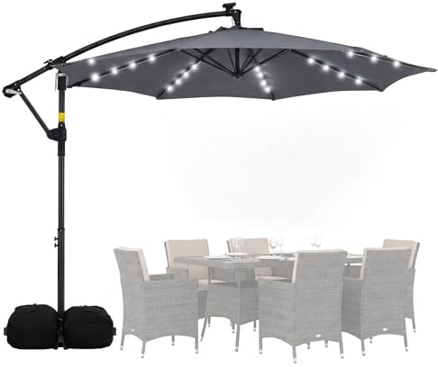 GOPLUS Parasol Deporte 3x3M avec 32 LED Solaire, Grand Parasol de Jardin Exterieur avec Pied pour 4-6 Personnes, Rotatif 360°, 8 Baleines, Manivelle, pour Balcon Terrasse Patio (3x3m|Led,Gris)
