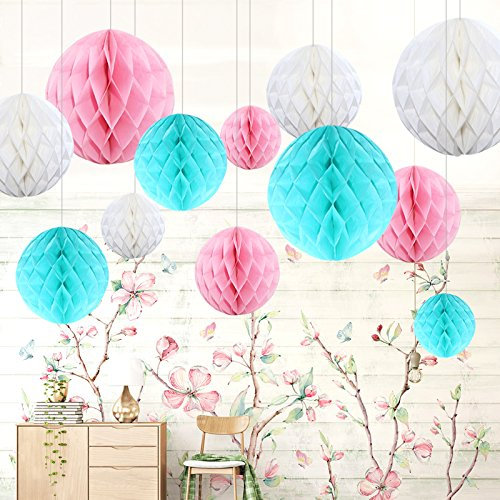 Himeland Papier Boule Nid d'abeille Décoration，Bleu Deco Bapteme, Boule Alvéolé en Papier de Soie pour Mariage Anniversaire Fête Baby Shower Decoration Maison Baptême Maison, Lot de 12, Rose