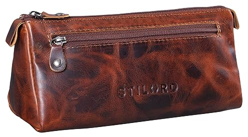 STILORD Alexis Vintage Leder Etui Stiftemappe mit 2 Fächern und Reißverschluss Federtasche Federmäppchen Schlampermäppchen Echtes Leder Farbe:Espresso - braun
