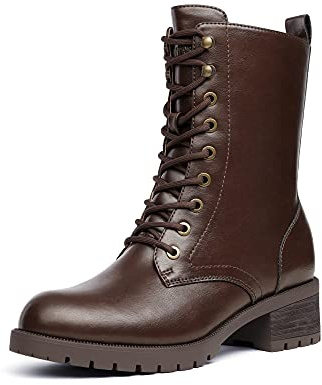 DREAM PAIRS Women's Mid Calf Combat Boots Fashion Lace-up Biker Ankle Booties Waterproof Military Winter Zip Boots, Brown, 6.5 UK
