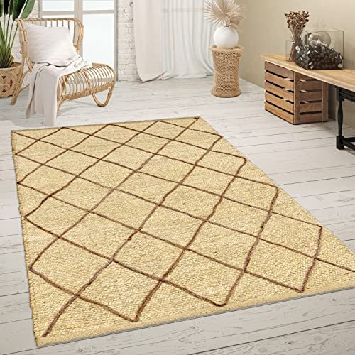 Paco Home Teppich Wohnzimmer Jute Naturfaser Handgearbeitet Modernes Skandi 3D Muster, Grösse:160x230 cm, Farbe:Creme