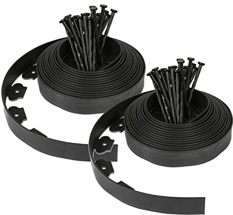 Randaco Flexible Rasenkante aus Kunststoff mit 60 Kunststoffnagel zur Verankerung, Flexible Garteneinfassung Wurzelsperre Beetumrandung Länge 20m Höhe 5cm schwarz
