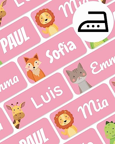 melu kids® Namensschilder für Kleidung zum Aufbügeln (60 Stk, Rosa) | Kinder Bügeletiketten mit Namen Waschmaschinenfest und Personalisiert, Namensaufkleber für Kleidung
