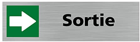 Pictogramme SORTIE VERS LA DROITE (Q0381). Signalisation Porte - 170 X 50 mm - Autocollant souple ou plaque alu brossé 2mm. - Plaque aluminium brossé - Plaque aluminium brossé -
