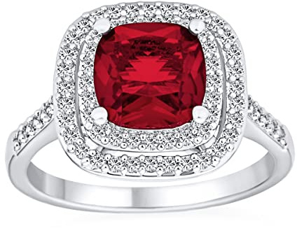 Bling Jewelry Personnalisez La Mode Solitaire Aaa Pave Cz Double Halo Cushion Cut Simuléeted Ruby Red Cocktail Statement Ring Pour Femmes Plaqué Argent Personnalisable