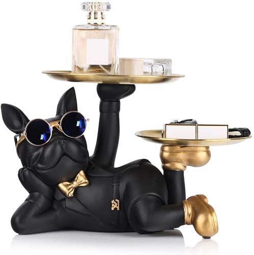 oliruim Bulldog butler-staty med bricka, fransk bulldogg, dekor, skulptur för hem, vardagsrum, godisfat, entré, nyckelhållare, modern hemmakontor dekor (svart)