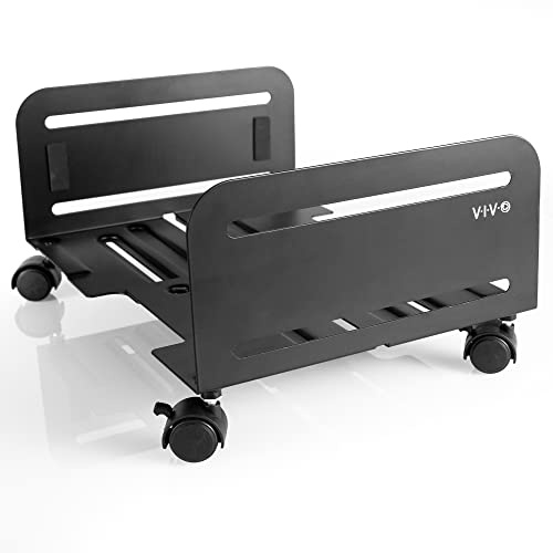 VIVO Stort ATX-chassi för stationärt datortorn, rullstativ i CPU-stål, 19,8 till 35,5 cm bred justerbar mobilvagnshållare med låsbara möbelhjul, PC-hållare, svart, CART-PC01L