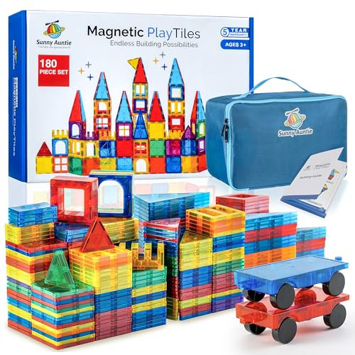 SUNNY AUNTIE Magnetic Tiles 180 PCS+ Bonus Zippered CASE, Magnetic Tiles for Kids Toy for 3 4 5 6 7 8 Year Old Boys & Girls, Gift Box, XL SET