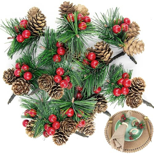 Siqian 10PCS Fake Christmas Holly with Pine Cones, Holly Sprigs, Red Berries for Xmas Crafting, Foliage for Garden, Flower Arrangements Decor