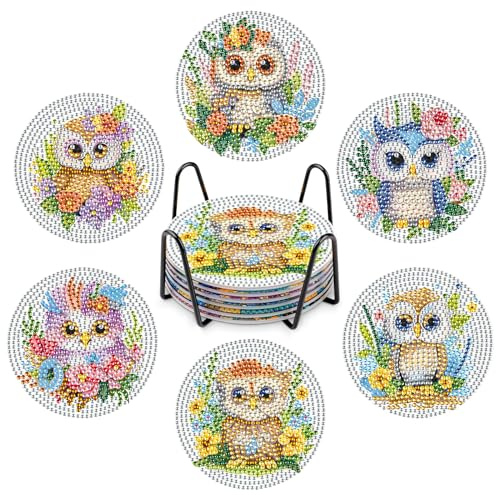 NAIMOER 6Stück Eule Diamond Painting Untersetzer mit Halter, DIY Tiere-Untersetzer für Erwachsene und Kinder, Getränke-Untersetzer, 5D Diamant-Untersetzer