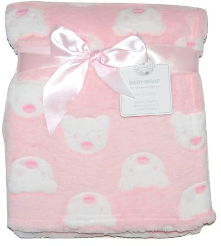 KAV Weiche Fleece-Wickeldecke für Jungen und Mädchen, bezauberndes Teddy-Muster, 75 x 100 cm, für Kinderwagen, Kinderbett, Babykorb, superweiche und leichte Decke für Neugeborene (Rosa)