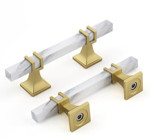 Rergy Schrankgriffe aus weißem Marmor, 7,6 cm, gebürstetes Messing, goldfarbene Griffe für Schränke, Gold- und Marmor-Kommoden, Schubladengriffe, 76 mm, Lochmitte, Hardware