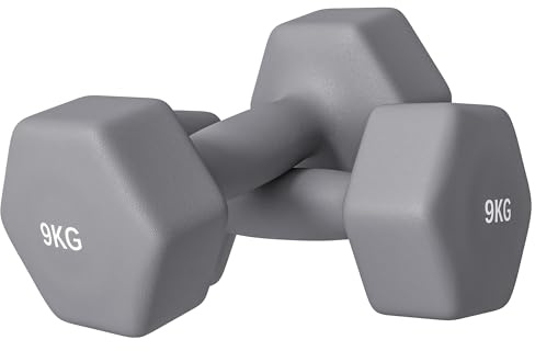 SPORTNOW Set di 2 Manubri Palestra 2x9 kg, Set Pesi Palestra Esagonali in Metallo e Neoprene con Impugnatura Antiscivolo, Allenamento Forza Fitness Casa per Uomini/Donne, Grigio