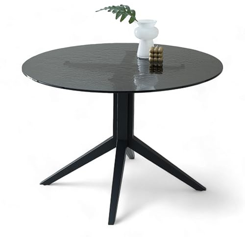 Stella Trading LEANO Mesa de Comedor Redonda, Color Negro, Estructura de Metal, Cristal, 120 x 76 x 120 cm