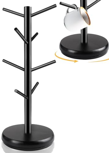 Yallmie mugghållare av trä med 8 krokar, svart stående kaffemugg stativ 360° vridbar kopphållare träd, rund botten kaffemugg träd för köksbänk bordsskiva mugg kaffekoppshylla