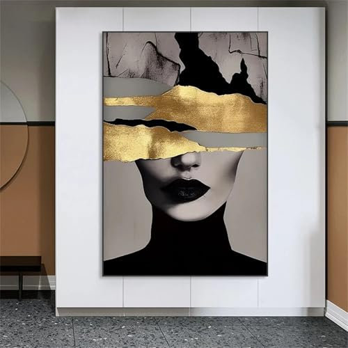 DAMAIART Goldene Frau auf Leinwand, Gemälde, modernes Frauenporträt, Poster, Leinwanddruck, Heim-/Wohnzimmerdekoration, großes Leinwandbild, 60 x 80 cm, rahmenlos