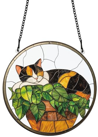 PLIGREAT Painted Cute Cat Sleeping on Potted Plants Stained Suncatcher Window Wall Art Hanging Ornament Acrylic Light Catcher Art Crafts for for Garden Home Indoor Outdoor Hanging Decor
