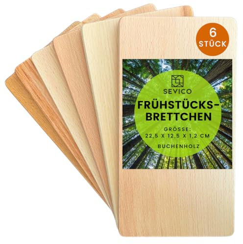 Frühstücksbrettchen-Set aus Buchenholz | 6 Stück | 22,5 x 12,5 x 1,2 cm | Schneidebrett, Servierplatte, Küchenbrett | Natürliche EU-Qualität | Einfach zu Reinigen SEVICO
